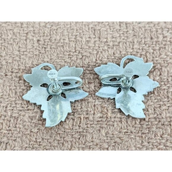 Vtg Sterling Silver Etched Maple Leaf Shape Earrings Screwback 925 Nature Estate - Picture 5 of 6